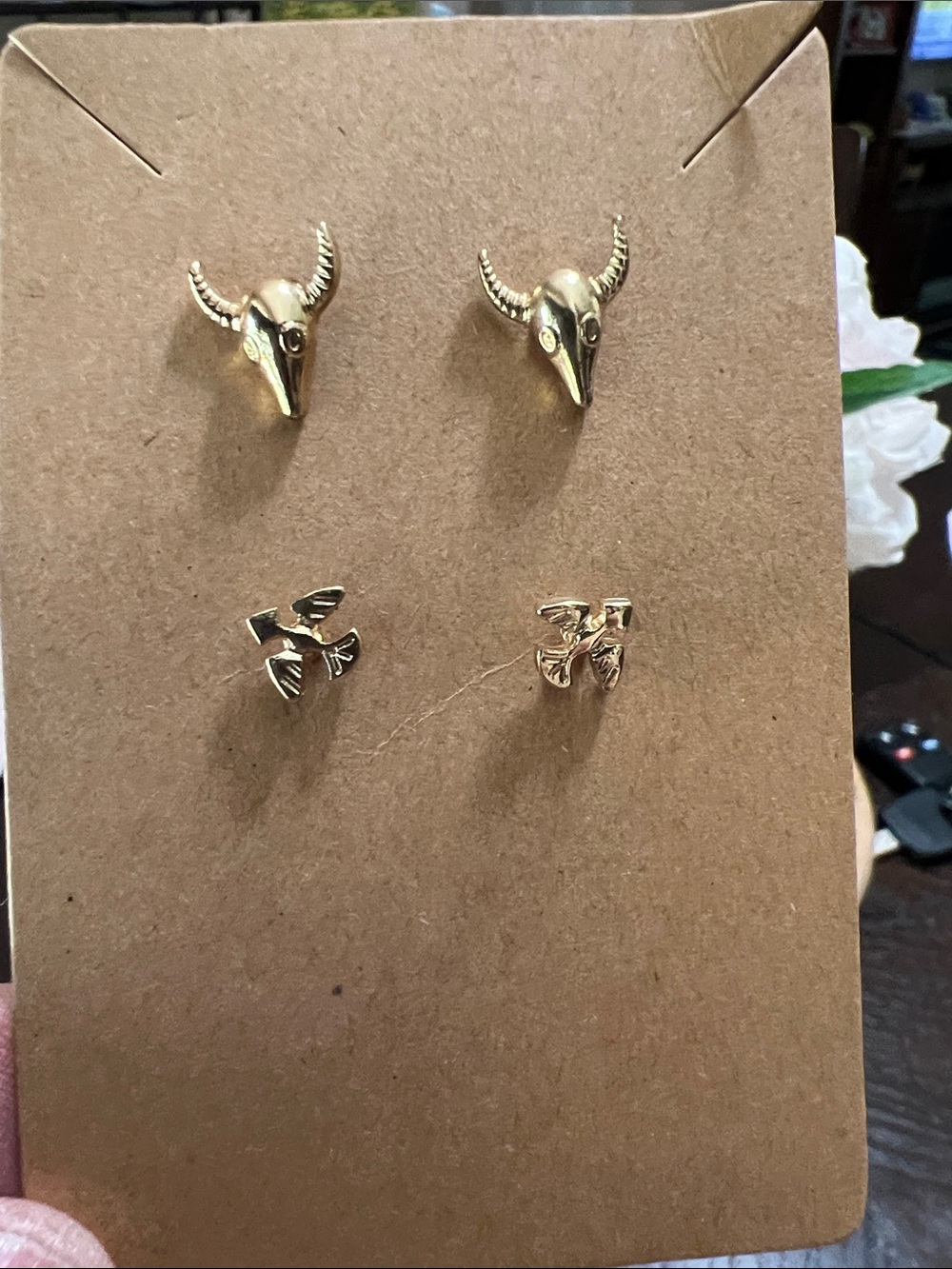 New Gold Animal Stud Earring Set - Skull & Leaf Designs